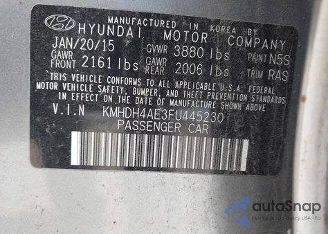 2015 Hyundai Elantra Se from USA, damaged, VIN KMHDH4AE3FU445230